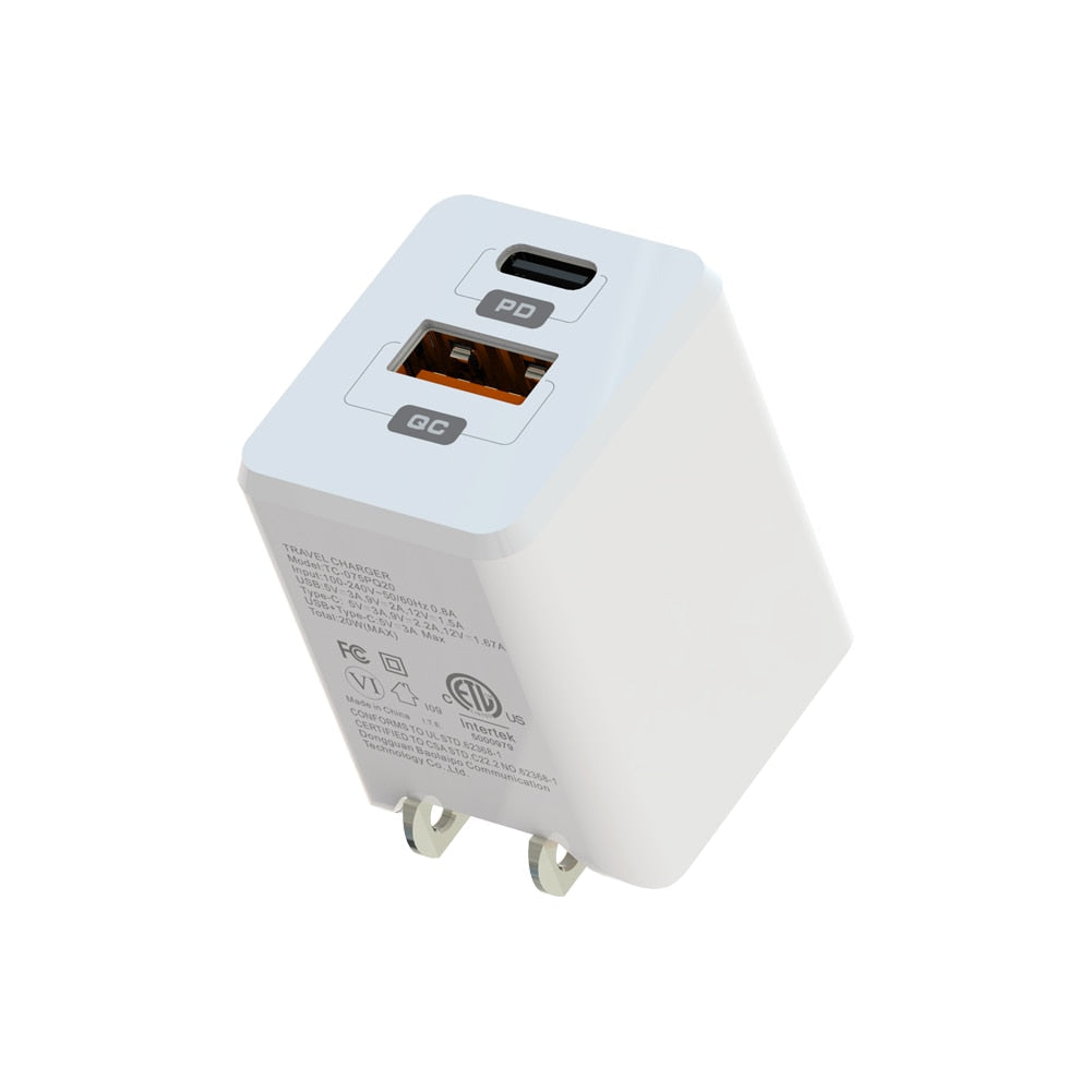 Blu Element Wall Charger Dual USB-C 20W PD and USB A White - GekkoTech
