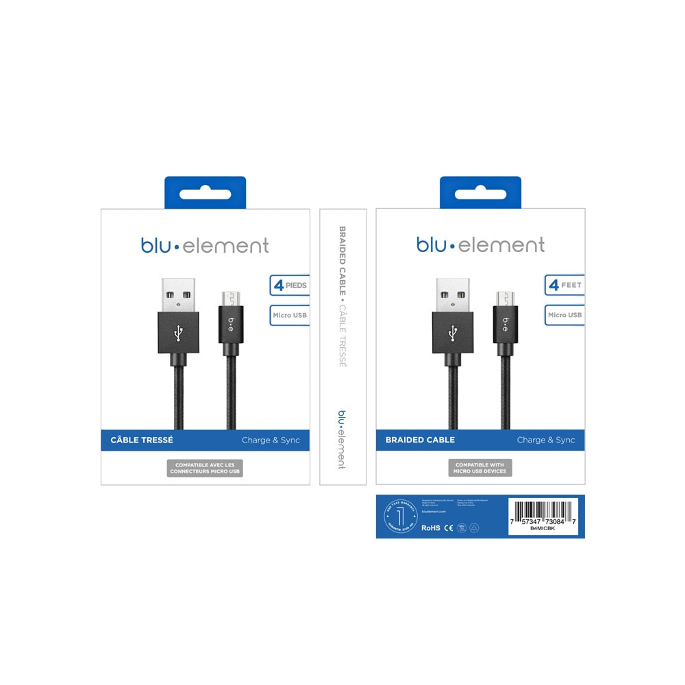 Blu Element Braided Charge/Sync Micro USB to USB-A Cable 4ft Black - GekkoTech