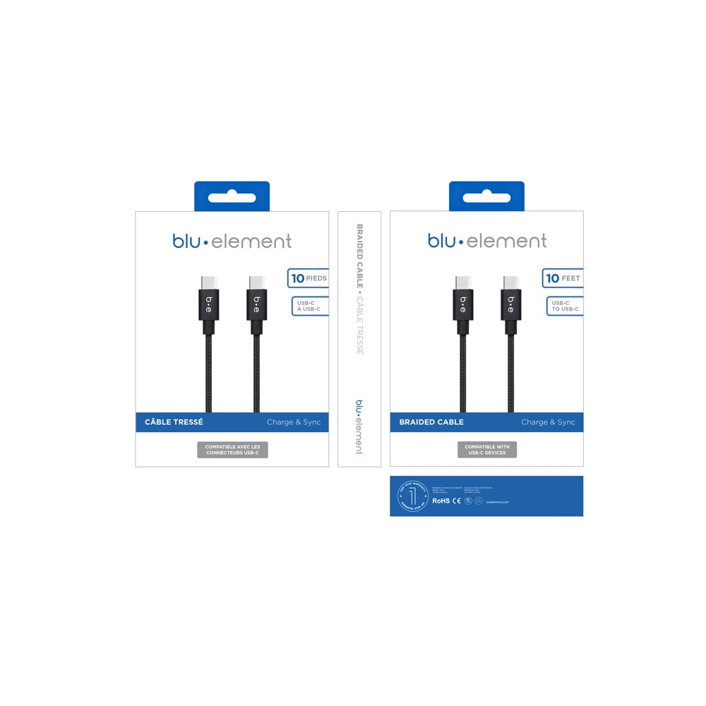 Blu Element Braided Charge/Sync USB-C to USB-C Cable 10ft Black 60W - GekkoTech