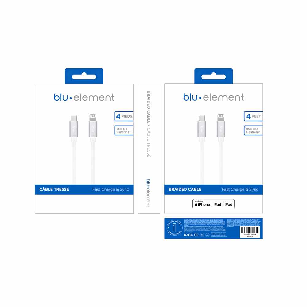 Blu Element Braided Charge/Sync USB-C to Lightning Cable 4ft White - GekkoTech