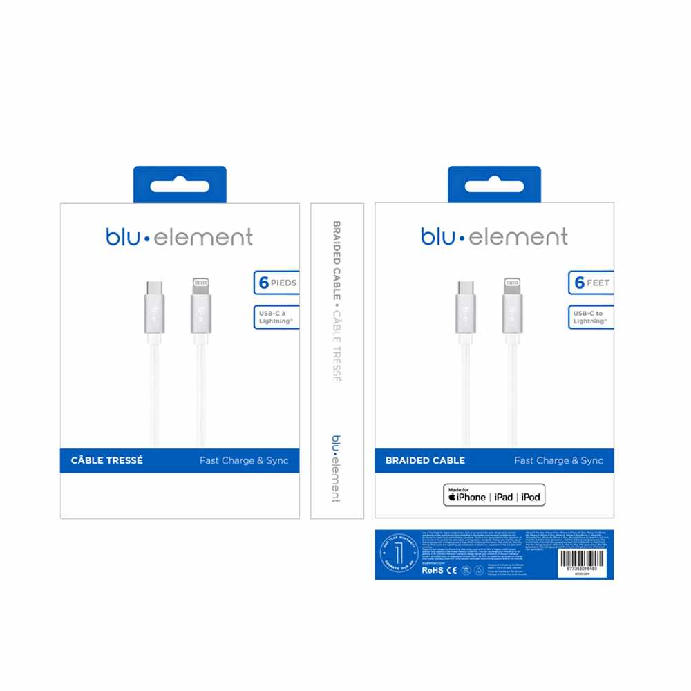 Blu Element Braided Charge/Sync USB-C to Lightning Cable 6ft White - GekkoTech