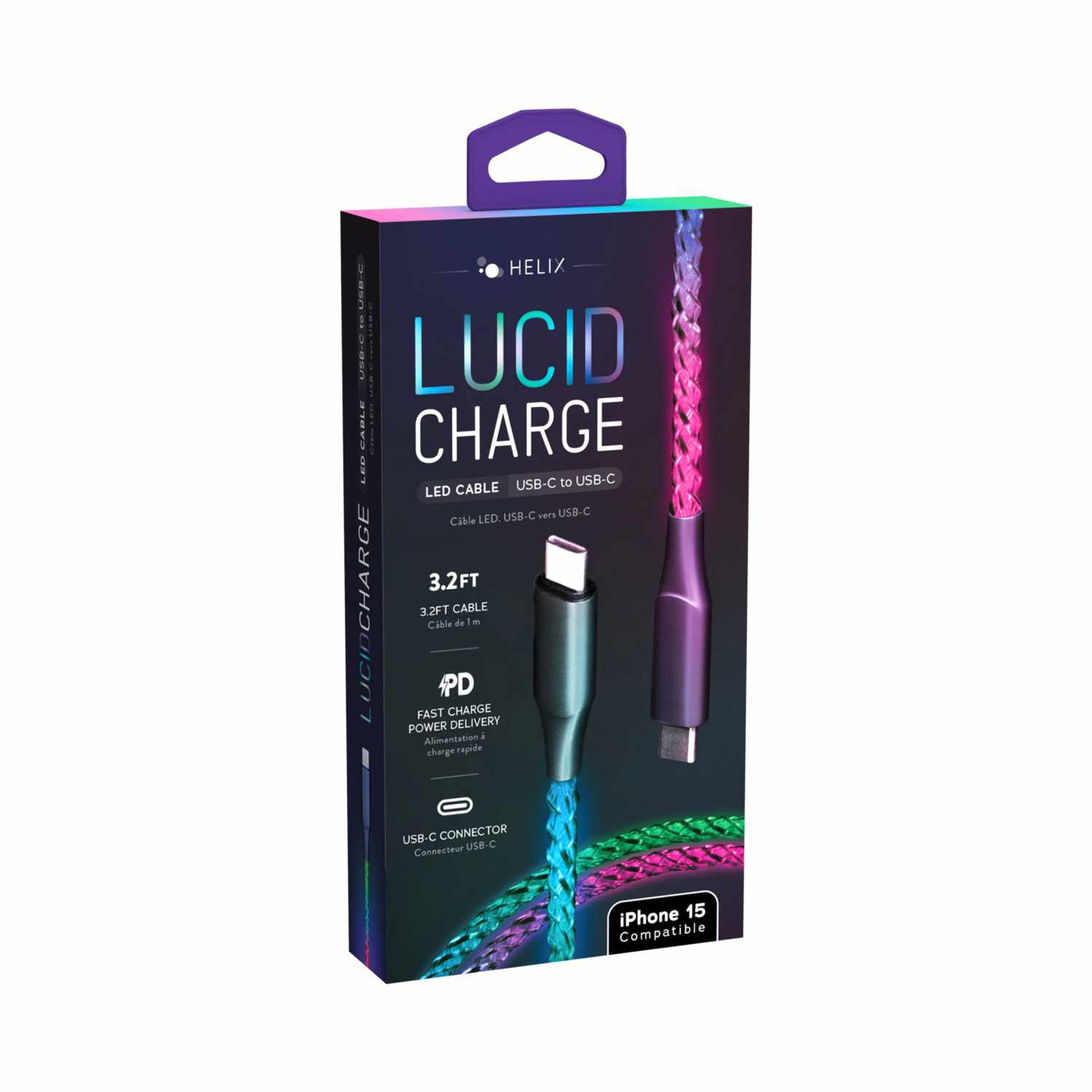 Helix/Retrak Lucid Charge LED USB-C to USB-C Cable 3.2ft  Multi-Color - GekkoTech