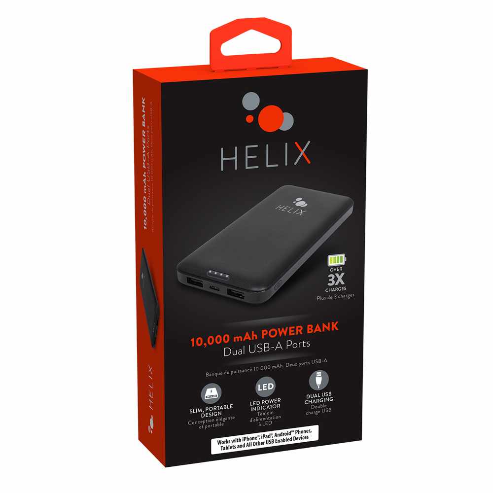 Helix/Retrak Power Bank 10000 mAh with USB-C and Dual USB-A Ports Black - GekkoTech