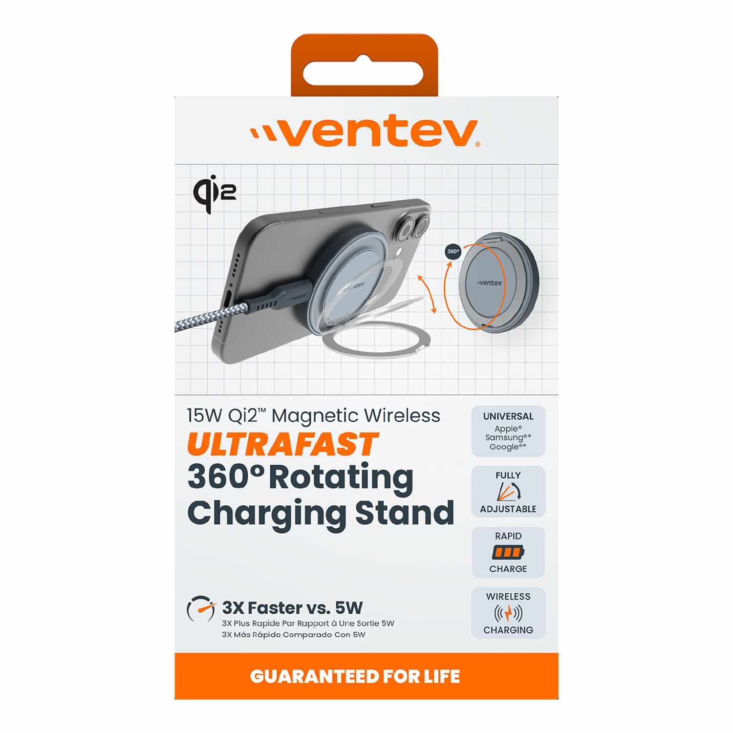 Ventev Qi2 15W Wireless Magnetic Charger with Stand Silver