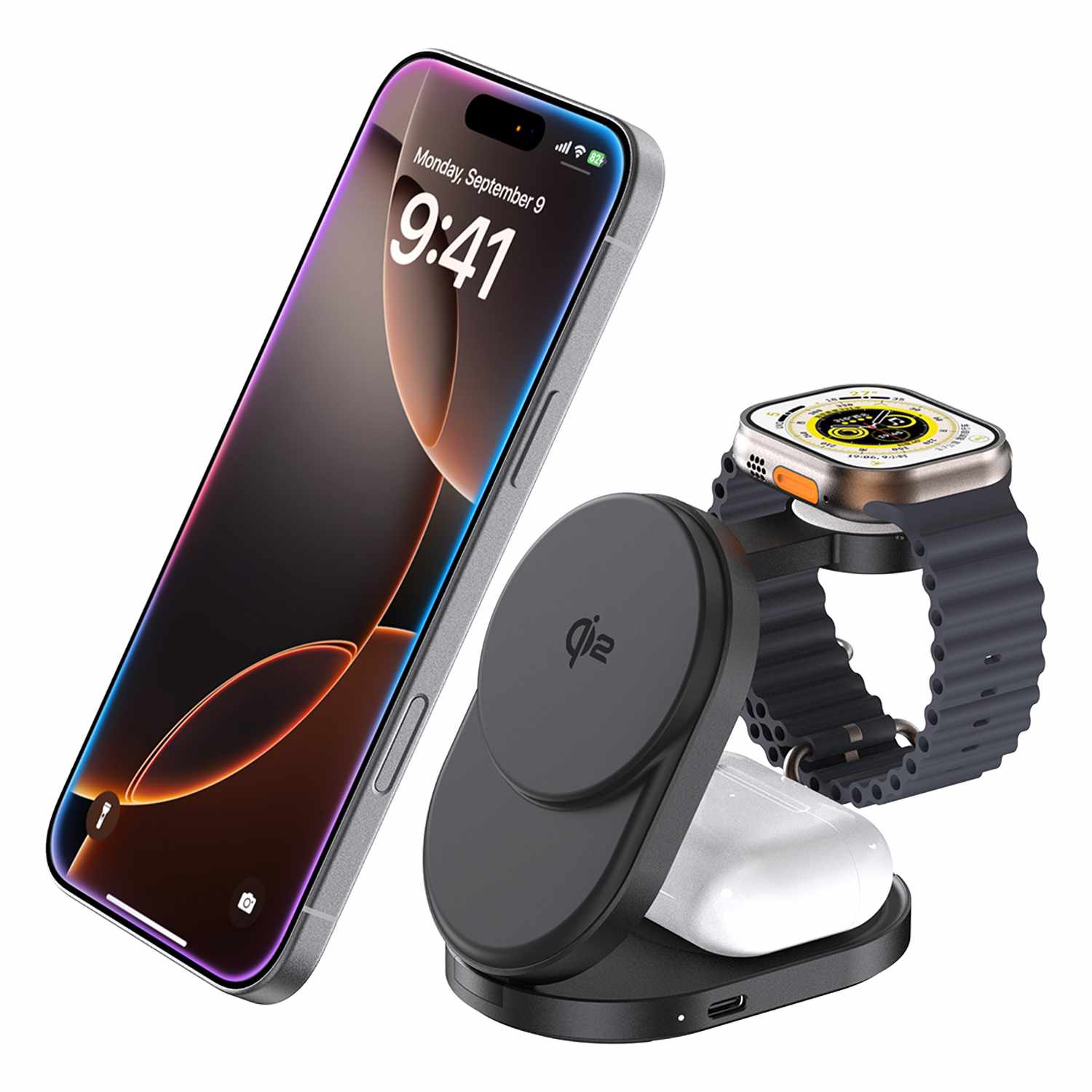 BEWCQi23IN1F Qi2 3-in-1 Foldable Wireless Charging Stand 15W MagSafe-Compatible Black