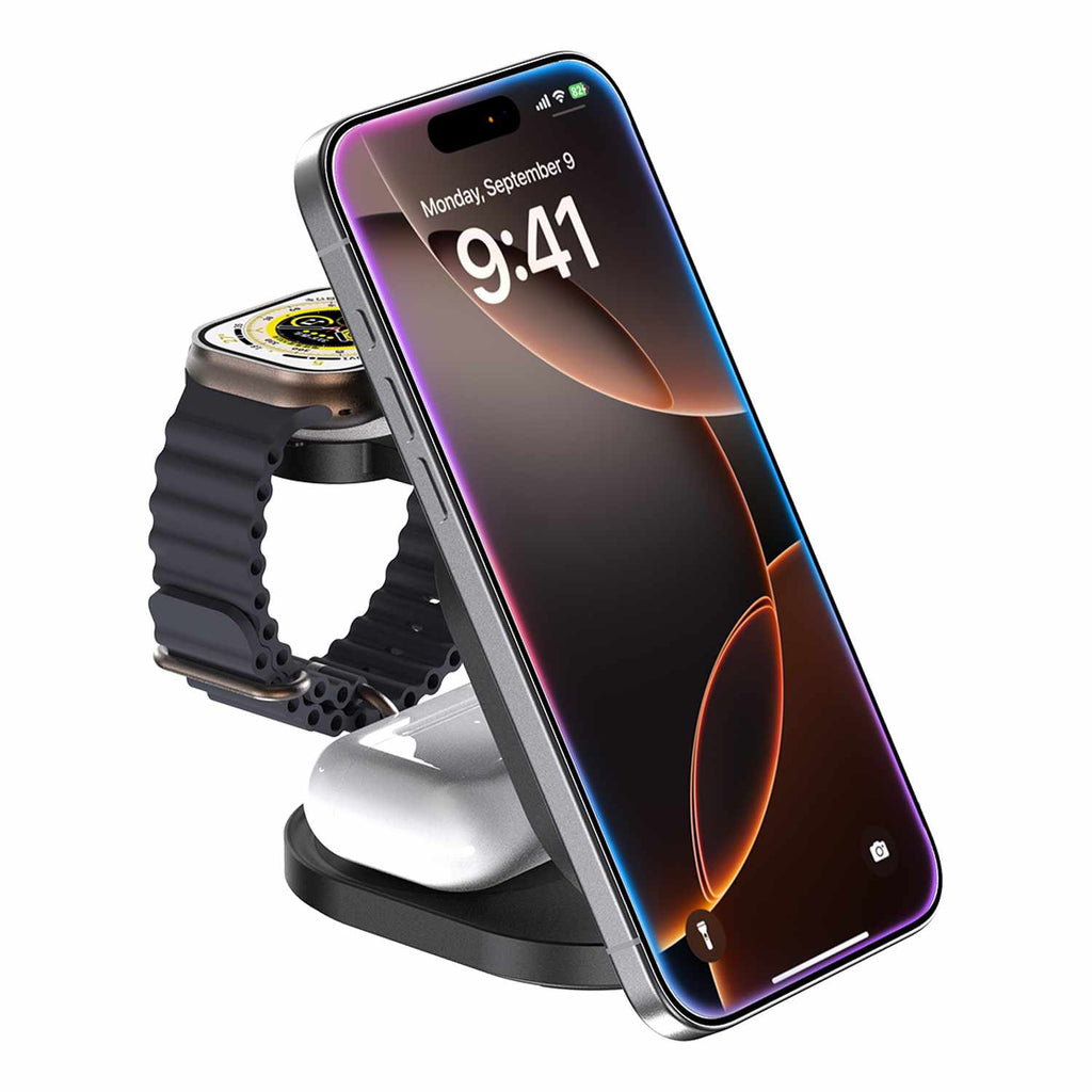 BEWCQi23IN1F Qi2 3-in-1 Foldable Wireless Charging Stand 15W MagSafe-Compatible Black