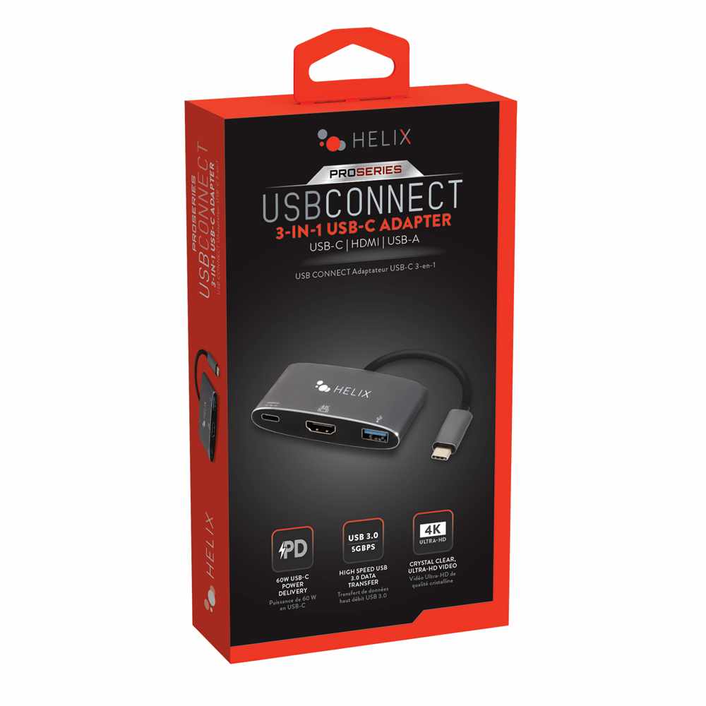 Helix/Retrak 3-in-1 USB-C Adapter with USB-A HDMI and USB-C Ports Black - GekkoTech