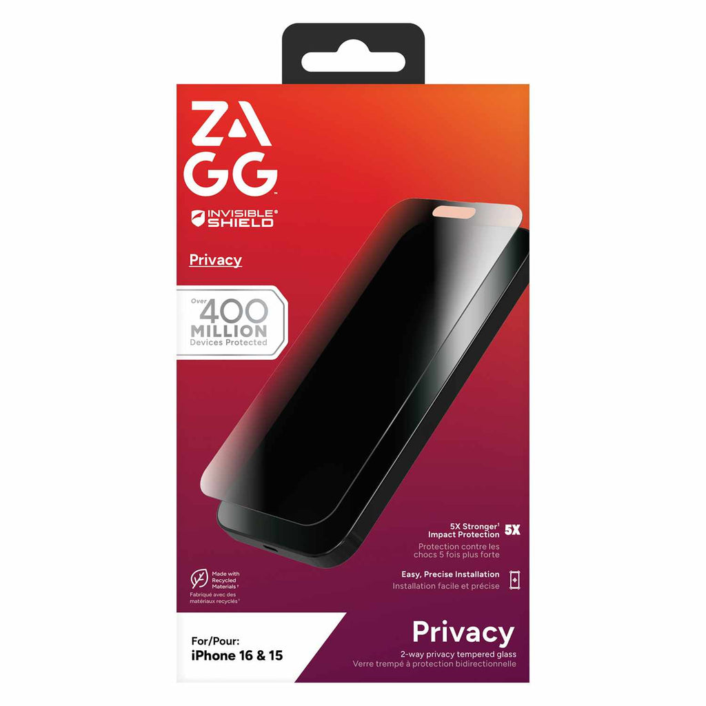 ZAGG InvisibleShield Glass Elite 2-Way Privacy Screen Protector for iPhone 16/15