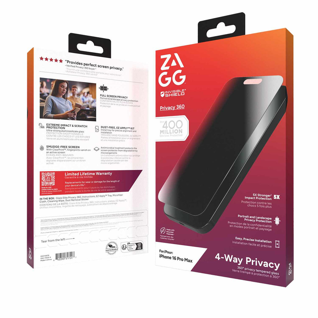 ZAGG InvisibleShield Glass Elite 4-Way Privacy Screen Protector for iPhone 16 Pro Max