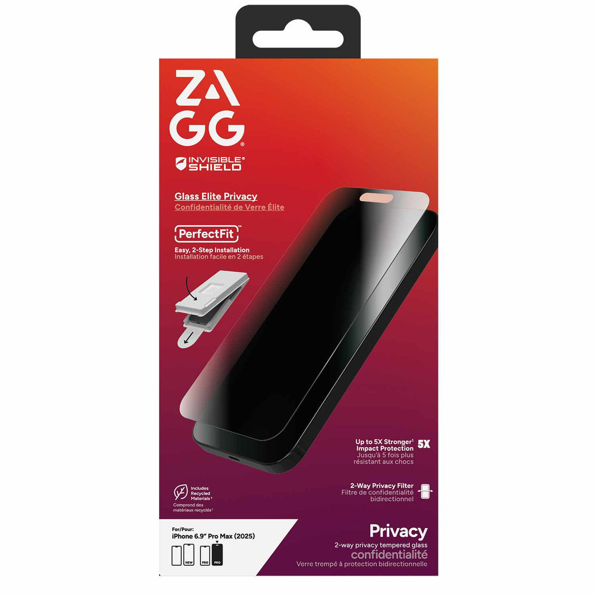 ZAGG InvisibleShield Glass Elite 2-Way Privacy Screen Protector for iPhone 17 Pro Max