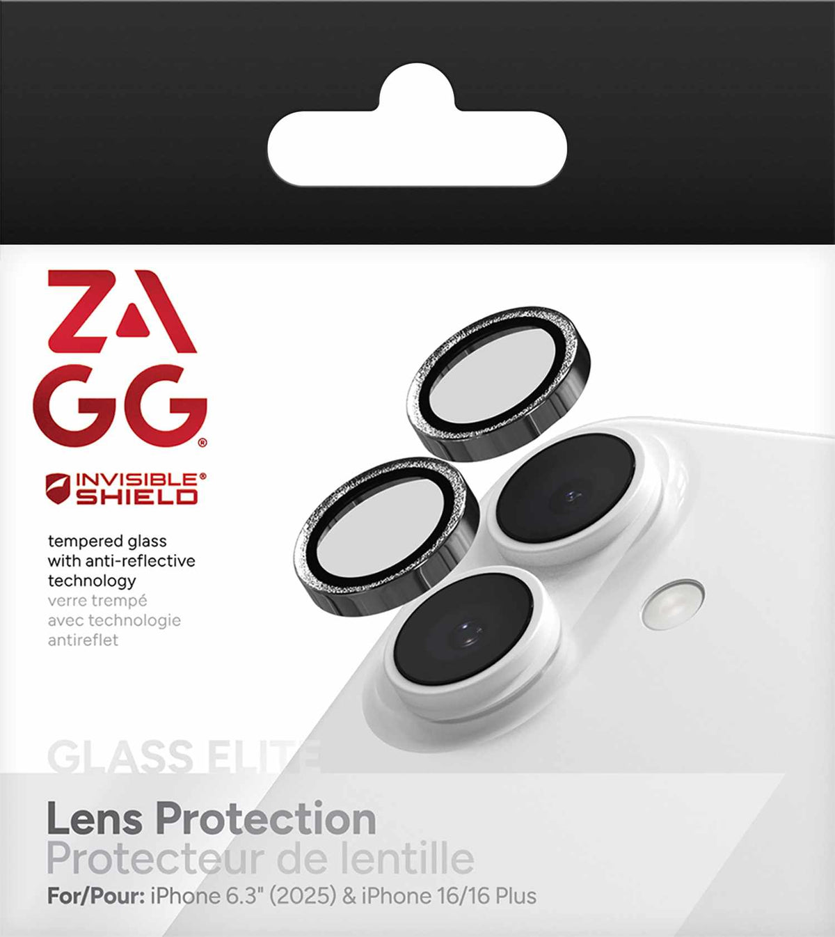 ZAGG InvisibleShield Glass Elite Anti-Reflective Lens Protector Silver Glitter for iPhone 17/16/16 Plus