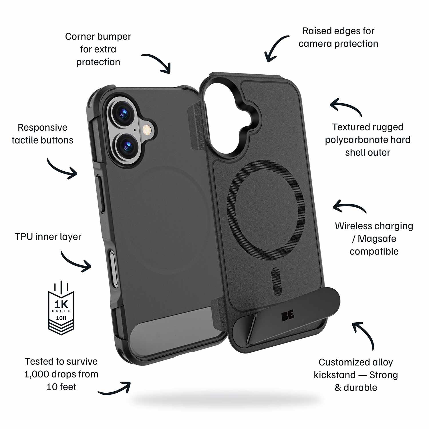 Blu Element Armour Ultra MagSafe w/Kickstand Case Black for iPhone 16
