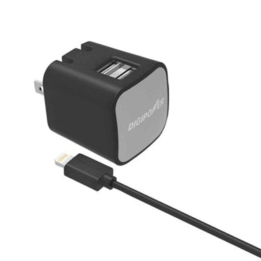 Digipower Wall Charger 2.4amp InstaSense 2 Port USB-A with Lightning MFI to USB-A Cable 5ft - Black