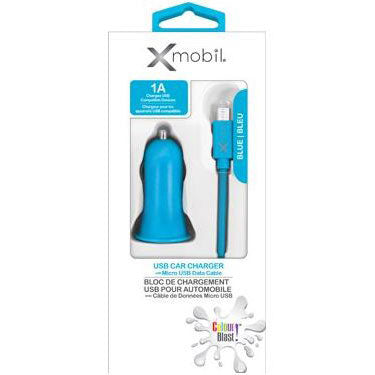Colour Blast Car Charger 1amp 1 Port USB-A with Micro USB 3ft Cable - Blue