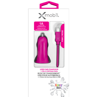 Colour Blast Car Charger 1amp 1 Port USB-A with Micro USB 3ft Cable - Pink