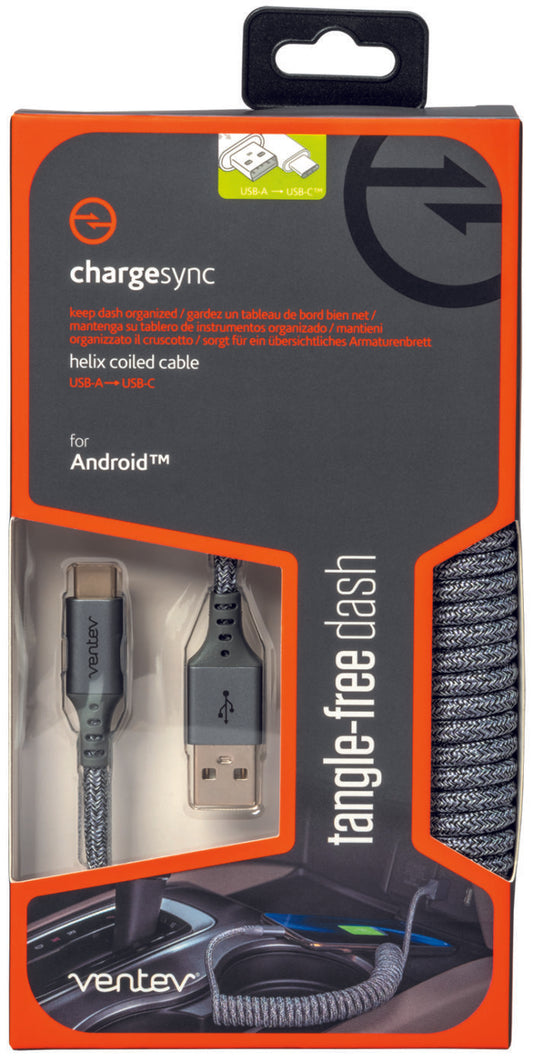 Ventev Charge & Sync USB-C to USB-A Cable Helix 14in Expand Coil - Gray