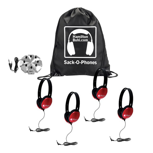 HamiltonBuhl Sack-O-Phones 4 Red Primo Headphones 3.5mm Jackbox with Carry Bag