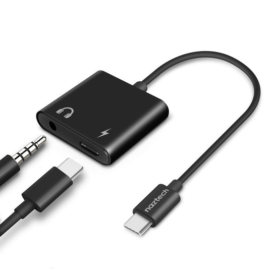 Naztech USB-C Charging Adapter 3.5mm & USB-C In to USB-C Out - Charge & Listen to Music at Same Time with Volume Controls