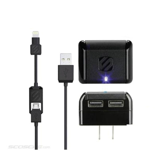 Scosche Wall Charger 2 Port 5W with Lightning/Micro USB MFI to USB-A 3ft Cable Black StrikeLINE