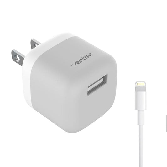 Ventev Wall Charger 1 Port 12W 2.4amp USB-A - White & Grey with Lightning MFI 3.3ft Cable - White