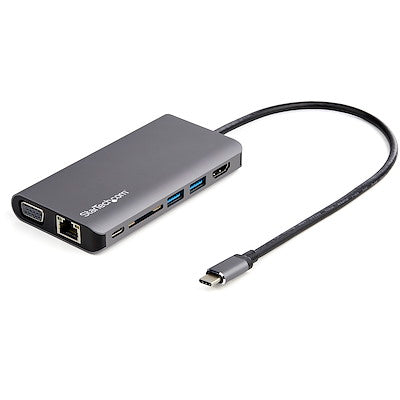 StarTech Docking Station Portable Travel USB-C 4K HDMI or 1080p VGA - 3x USB 3.0 Hub SD GbE Audio 100W PD Pass-Through PC/Mac/Android/Chrome - Grey