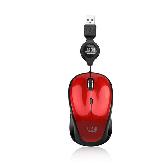Adesso Mouse Wired Retractable Cord 2.5ft S8R 3 Button up to 1200dpi PC/Mac - Red