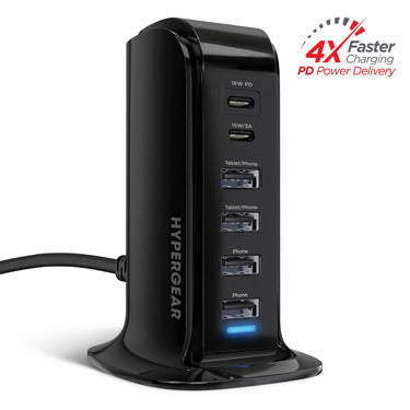 HyperGear Charging Station 6 Port 42W 4X USB-A 2x USB-C PD Tower Design Fast Charging - Black