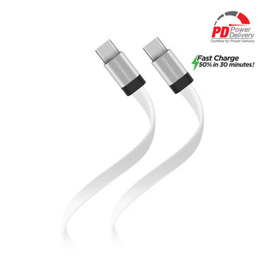 HyperGear Charge & Sync PD USB-C to USB-C Flexi Flat Cable 6ft PD up to 60W Fast Charge - White
