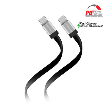 HyperGear Charge & Sync PD USB-C to USB-C Flexi Flat Cable 6ft PD up to 60W Fast Charge - Black