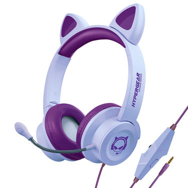 HyperGear Gaming Headset with Boom Mic Kombat Kitty Safe Volume and Mute Controls with Kitty Ears 3.5mm Portable Tangle Free Cable - Purple