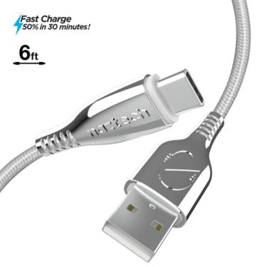 Naztech Charge & Sync USB-C to USB-A Titanium Braided Ballistic Nylon Cable 6ft Fast Charge Reinforced Metal Alloy Connectors - White